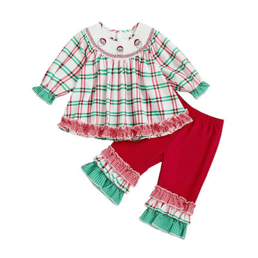 Long Sleeve Plaid Ruffled Christmas Baby Set