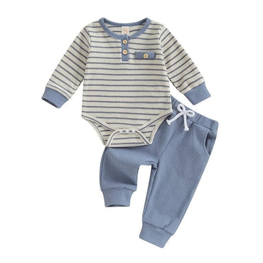 Long Sleeve Striped Waffle Baby Set Blue 0-3 M