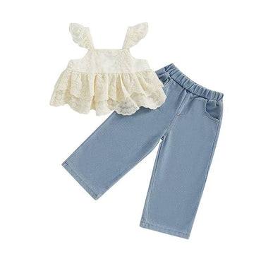 Fly Sleeve Ruffled Lace Denim Toddler Set