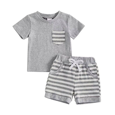 Short Sleeve Striped Shorts Pocket Baby Set Gray 9-12 M