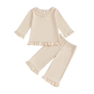 Long Sleeve Solid Ruffled Toddler Set Beige 9-12 M