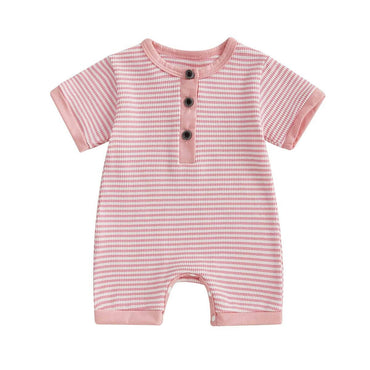 Short Sleeve Striped Button Baby Romper Pink 0-3 M