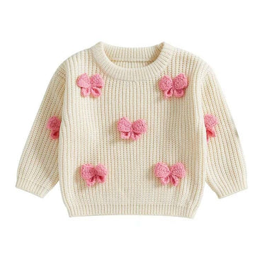 Long Sleeve Knitted Bows Toddler Sweater Beige 9-12 M