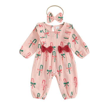 Long Sleeve Pink Candy Cane Baby Jumpsuit