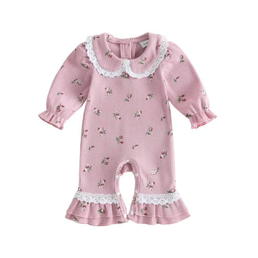 Long Sleeve Floral Lace Baby Jumpsuit Pink 0-3 M