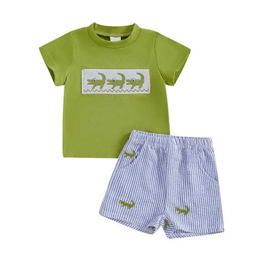 Short Sleeve Striped Alligator Baby Set
