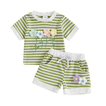 Embroidery Flowers Striped Baby Set