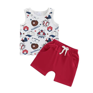 Sleeveless Baseball Red Shorts Baby Set