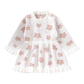 Long Sleeve Floral Ruffled Baby Dress White 6-9 M