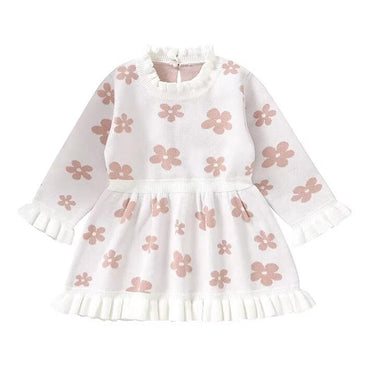 Long Sleeve Floral Ruffled Baby Dress White 6-9 M
