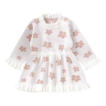 Long Sleeve Floral Ruffled Baby Dress White 6-9 M
