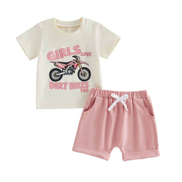 Short Sleeve Girls Love Dirt Bikes Too Baby Set Beige 3-6 M