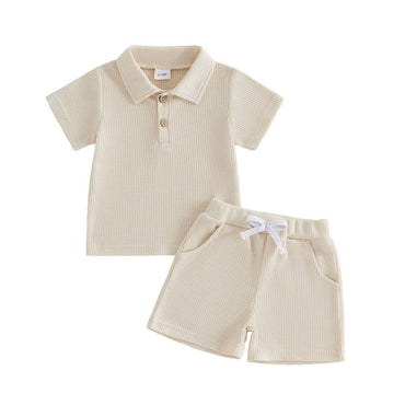 Short Sleeve Solid Waffle Collar Toddler Set Beige 9-12 M