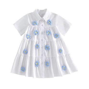 Short Sleeve Collar Flowers Toddler Dress White 2T