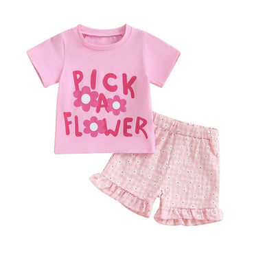 Short Sleeve Pick Flower Baby Set Pink 3-6 M