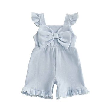 Solid Ribbed Bow Toddler Romper Blue 9-12 M