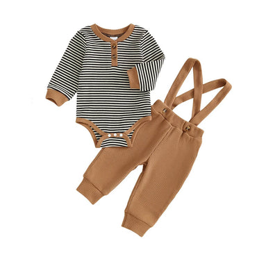 Long Sleeve Striped Suspender Baby Set Brown 0-3 M