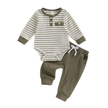 Long Sleeve Striped Waffle Baby Set Green 0-3 M