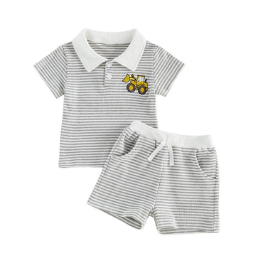 Short Sleeve Striped Collar Toddler Set Gray 12-18 M