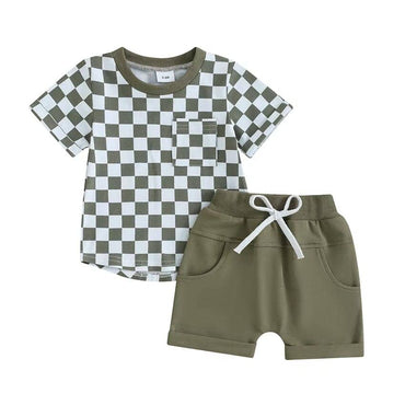 Short Sleeve Checkered Solid Shorts Baby Set Green 3-6 M