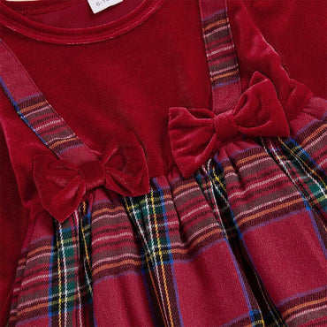 Long Sleeves Tulle Velvet Plaid Toddler Dress