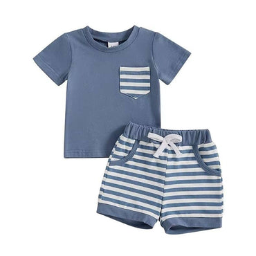Short Sleeve Striped Shorts Pocket Baby Set Blue 9-12 M