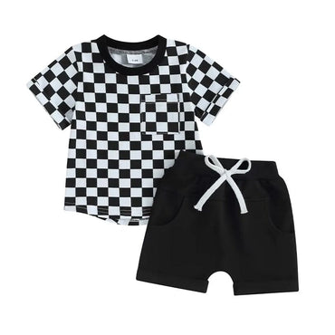 Short Sleeve Checkered Solid Shorts Baby Set Black 3-6 M