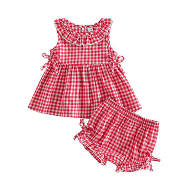 Sleeveless Ruffled Plaid Baby Set Red 3-6 M