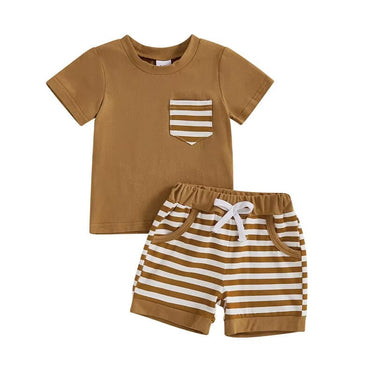 Short Sleeve Striped Shorts Pocket Baby Set Brown 9-12 M