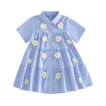 Short Sleeve Collar Flowers Toddler Dress Blue 2T