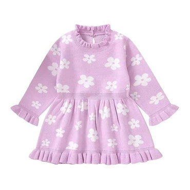 Long Sleeve Floral Ruffled Baby Dress Purple 6-9 M