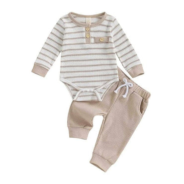 Long Sleeve Striped Waffle Baby Set Beige 0-3 M