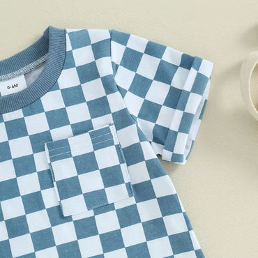 Short Sleeve Checkered Solid Shorts Baby Set