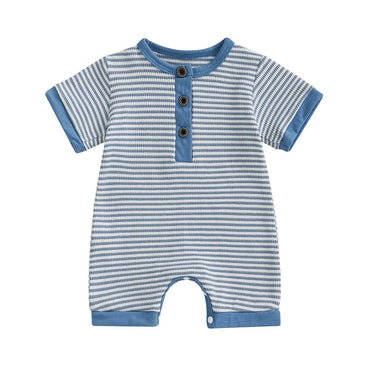 Short Sleeve Striped Button Baby Romper Blue 0-3 M