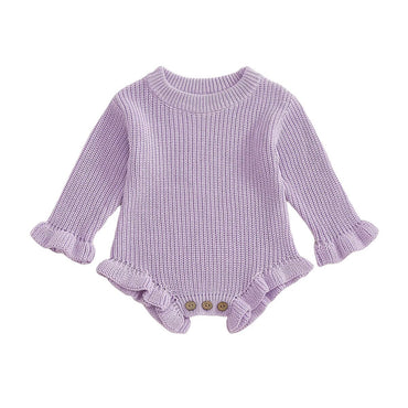 Long Sleeve Solid Knit Baby Romper Purple 0-3 M