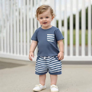 Short Sleeve Striped Shorts Pocket Baby Set