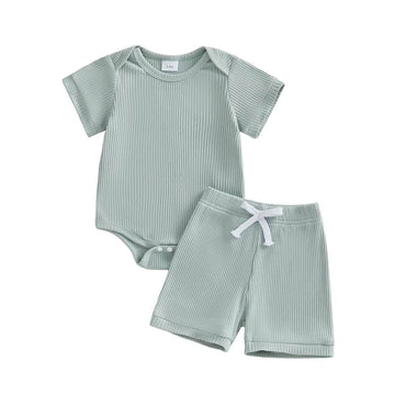 Short Sleeve Solid Shorts Ribbed Baby Set Green 0-3 M