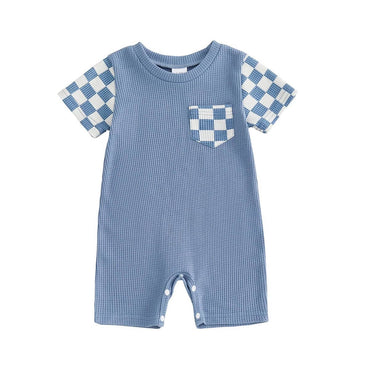 Short Sleeve Checkered Pocket Baby Romper Blue 0-3 M