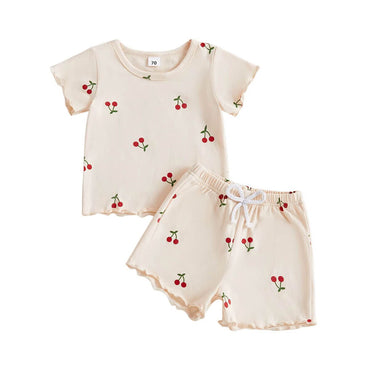 Short Sleeve Cherry Toddler Set Beige 3-6 M