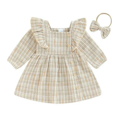 Long Sleeve Plaid Toddler Dress Beige 12-18 M