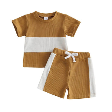 Short Sleeve Waffle Color Block Toddler Set Brown 9-12 M