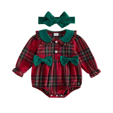 Long Sleeve Christmas Plaid Bows Baby Romper