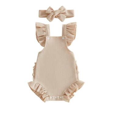 Solid Ruffled Straps Baby Romper Beige 0-3 M
