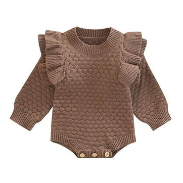 Long Sleeve Solid Ruffles Baby Romper Brown 3-6 M