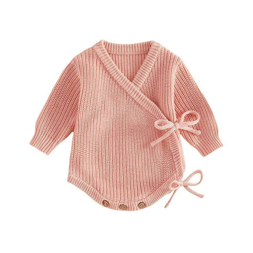 Long Sleeve Solid Knitted Baby Romper Pink 0-3 M