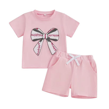 Short Sleeve Baseball Bow Toddler Set Pink 9-12 M