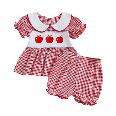Puff Sleeve Collar Apple Checkered Toddler Set