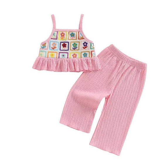 Floral Crochet Top Solid Pants Toddler Set Pink 9-12 M
