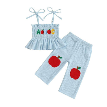 Tie Up Straps Apple Pants Toddler Set Blue 9-12 M