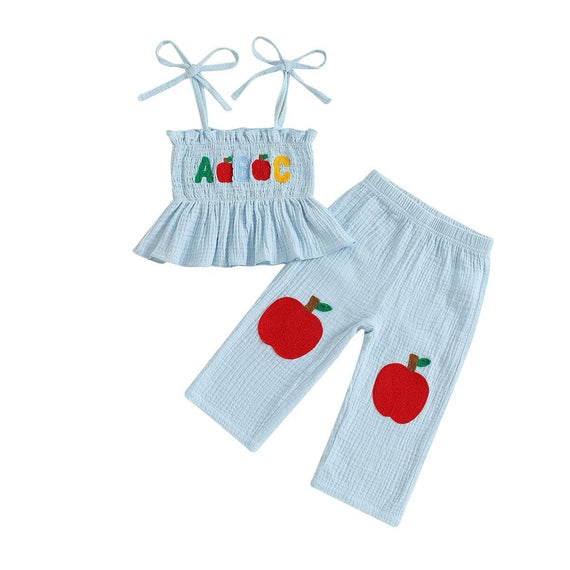 Tie Up Straps Apple Pants Toddler Set Blue 9-12 M